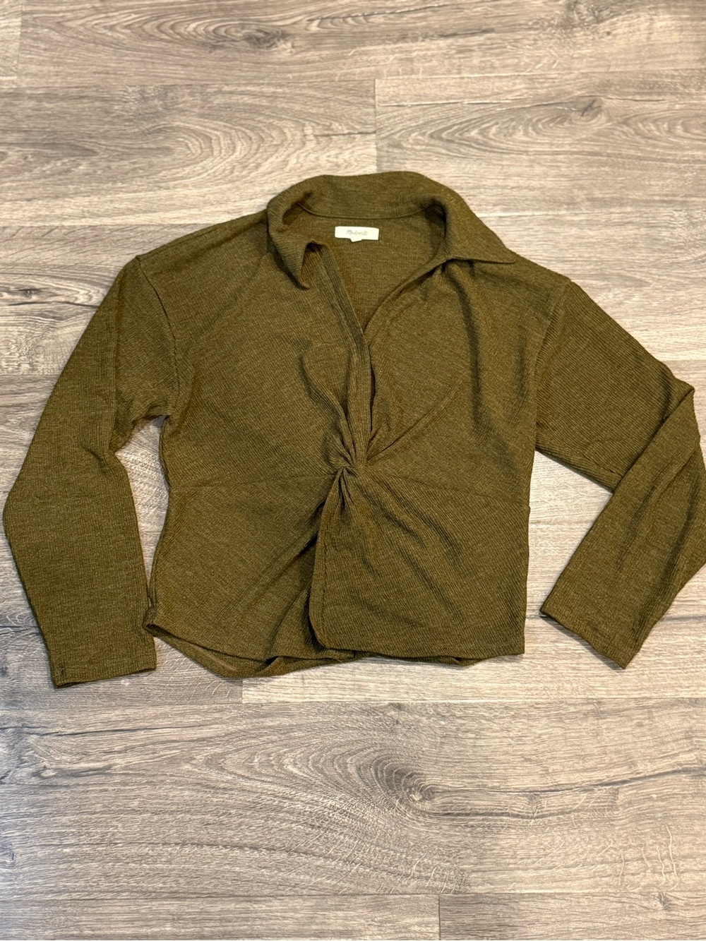 Madewell Olive Knit Twist Front Collared Long  Sleeve Open Slit Blouse Women's M